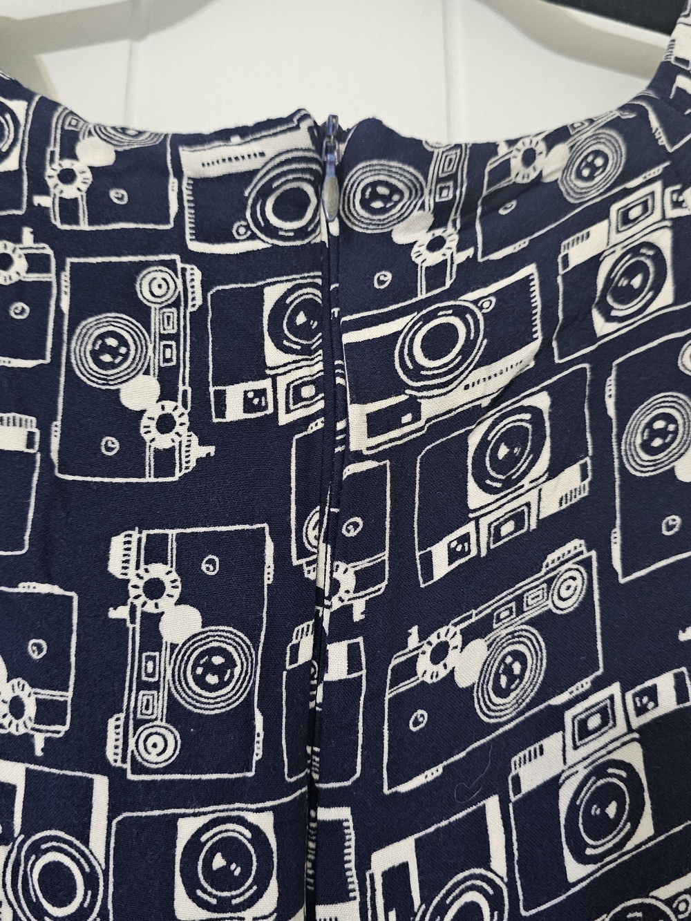 Emily and Fin Camera Print Fit & Flare Dress Blue White Retro Midi Pockets Small - Picture 5 of 10